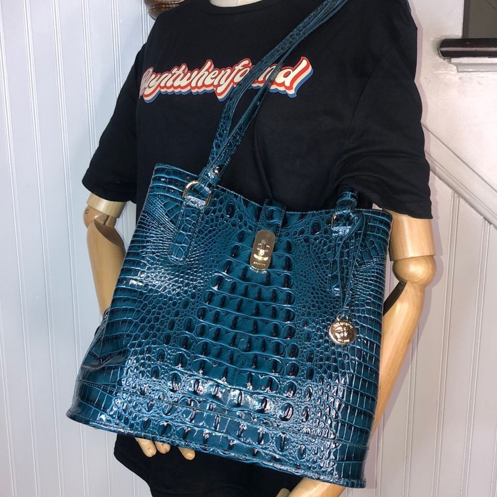 BRAHMIN Teal Croc Embossed Melbourne Turn Lock Shoulder Bag NWOT